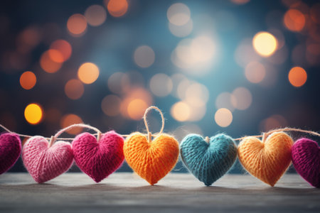 Colorful knitted hearts on bokeh background. Valentines day conceptの素材