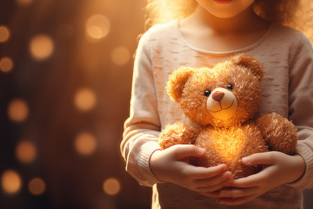 Little girl holding teddy bear on bokeh background, closeupの素材