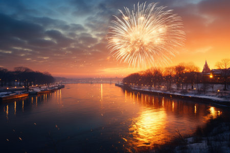 Colorful fireworks over Vistula river in Warsaw, Poland.の素材