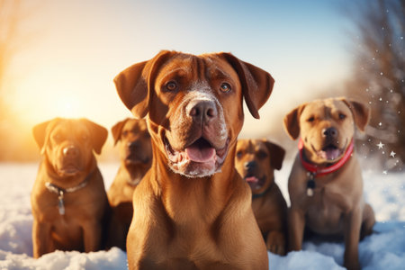 Foto de Group of dogs in the snow at sunset. Dogue de Bordeaux - Imagen libre de derechos