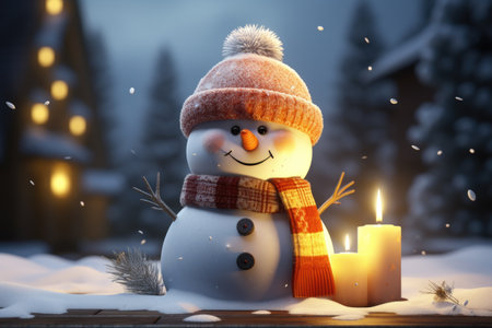 Snowman with candle in the winter forest.の素材