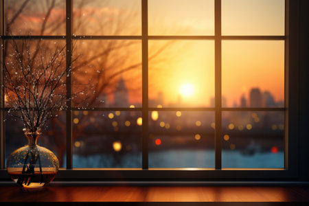 A vase with a bouquet of willow branches stands on the windowsill near the window against the background of the city.の素材