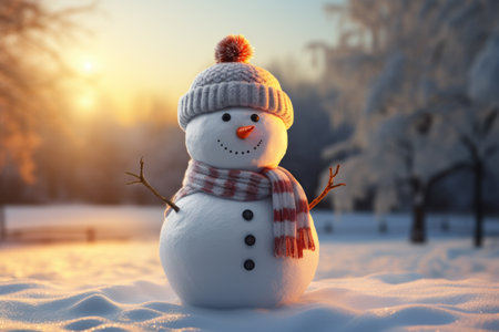 Snowman on the background of the winter forest at sunset. Christmas and New Year concept.の素材