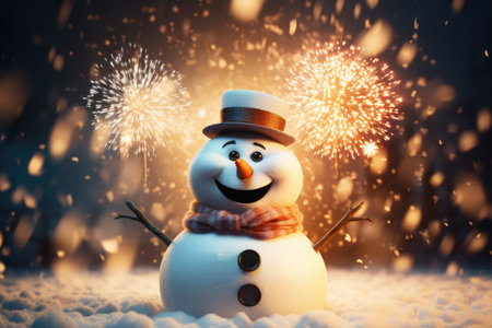 Snowman with a hat and scarf and fireworks on a winter backgroundの素材