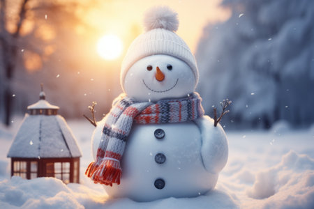 Snowman in winter forest at sunset. Christmas and New Year concept.の素材