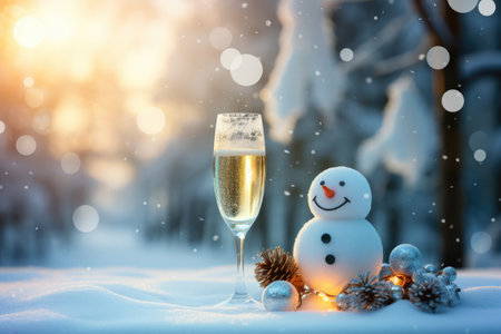 Snowman with champagne in winter forest. Christmas and New Year backgroundの素材
