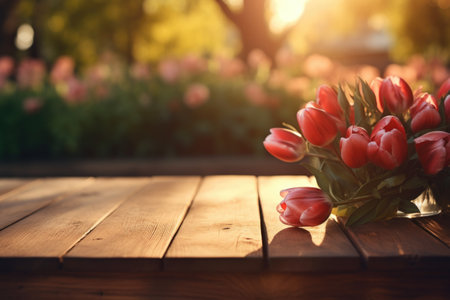 Bouquet of red tulips on a wooden table in the gardenの素材