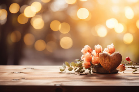 Wooden table with tulips and heart on bokeh backgroundの素材