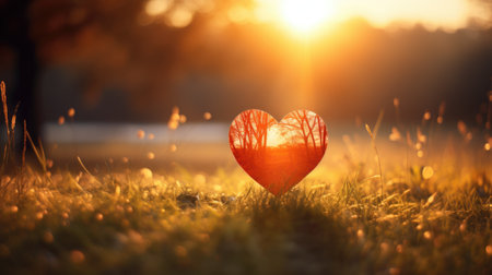 Beautiful red heart on green grass at sunset. Love concept.の素材