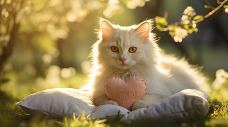 Cute cat with pink heart in the garden. Selective focus.の素材