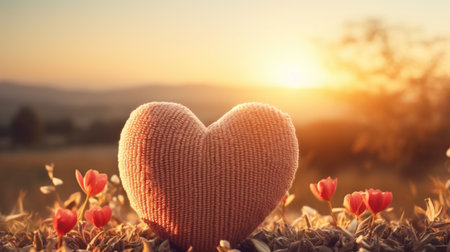 Valentines day background with heart and tulip flowers at sunsetの素材