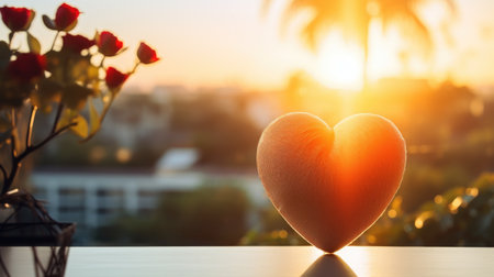 Red heart on the table with sunset background. Valentines day concept.の素材