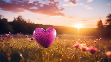 Pink heart on the meadow with flowers at sunset. Love conceptの素材