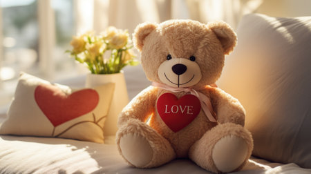 Teddy bear with a heart on the bed at home. Valentine's day concept.の素材