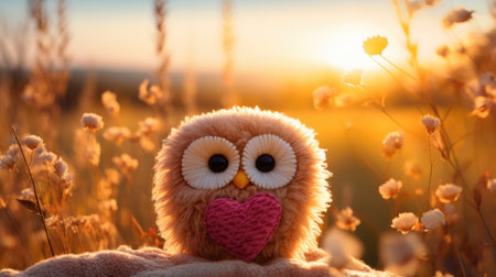 Soft toy owl with a heart on the background of a field of flowersの素材
