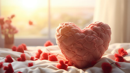 Heart shaped pillow with flowers on bed at home. Valentine's day conceptの素材