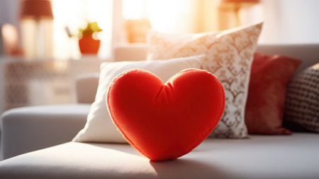 Red heart pillow on sofa in living room. Valentine's day conceptの素材