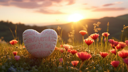 Valentine's day background with heart shape pillow on the grassの素材