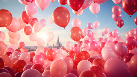 Bunch of red and pink balloons with New York City skyline backgroundの素材