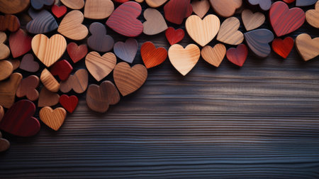 Wooden hearts on a wooden background. Valentines Day background.の素材