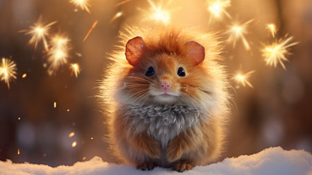 Cute hamster on snow with sparklers in winter forest.の素材
