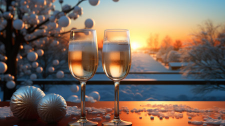 Two glasses of champagne on the background of the setting sun and snowflakes.の素材