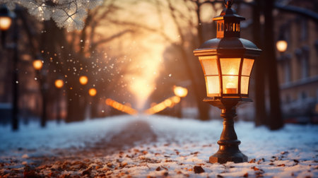 Lantern on a snowy street in the city at sunset.の素材