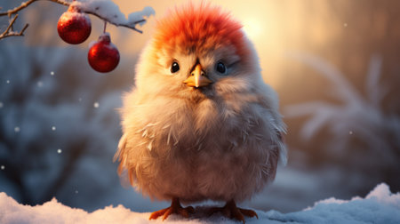 Cute little chicken with Christmas balls in winter snowy forest.の素材