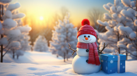 Snowman with gift box in winter forest at sunset.の素材
