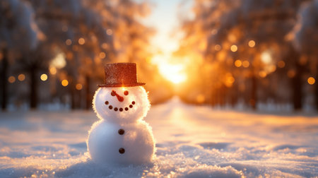 Snowman in a hat on the background of a winter sunset.の素材