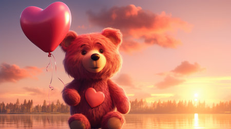 Teddy bear with red heart balloon at sunset.の素材
