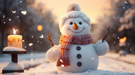 Snowman in a red scarf with a burning candle in the winter forest.の素材