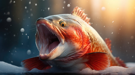 Close-up of a big freshwater fish on the snow in winterの素材
