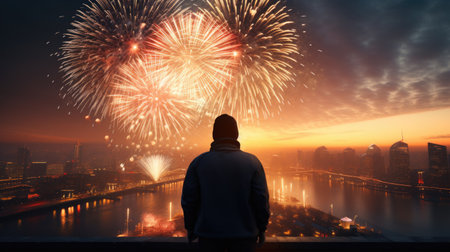 Rear view of businessman looking at fireworks above the city at nightの素材