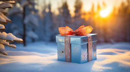 Blue gift box with red bow on snow in winter forest at sunsetの素材
