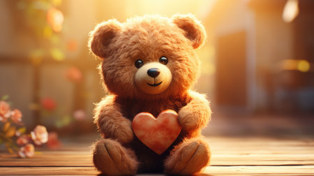 Teddy bear with heart on wooden table. Valentine's day conceptの素材
