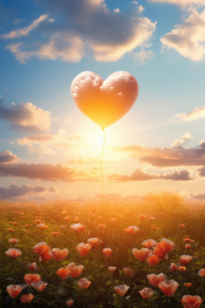Heart shaped balloon on poppy field at sunset. Valentine's day conceptの素材