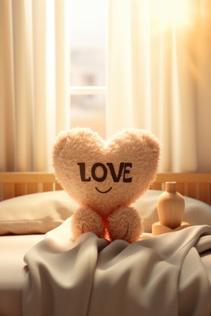 Cute teddy bear with word LOVE on bed indoors, closeupの素材