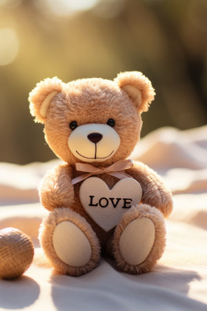 Teddy bear with love word on white bedding. Valentines day concept.の素材