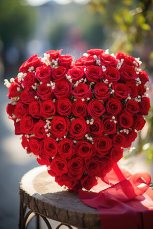 Heart-shaped bouquet of red roses on a wooden table.の素材