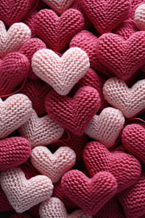 Red and white knitted hearts background. Valentines day concept.の素材