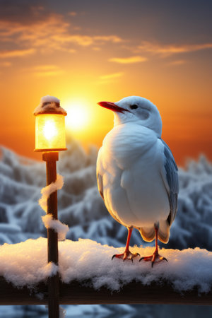 A seagull on the background of a winter landscape with a lanternの素材