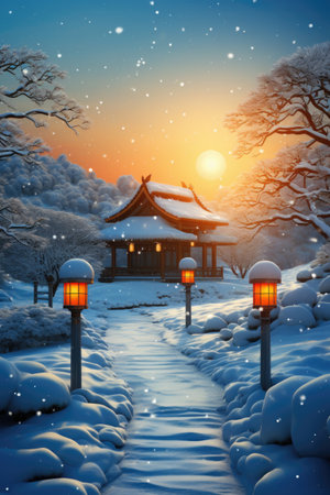 Beautiful winter landscape with japanese house and lanterns.の素材