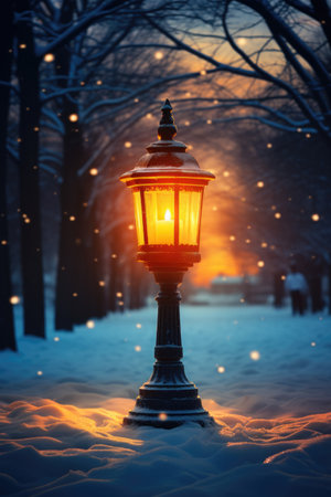 Lantern in winter park. Winter landscape with street lamp.の素材