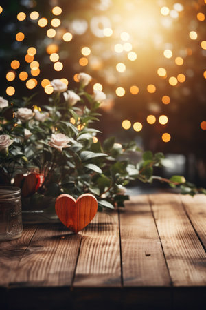 Valentine's day greeting card. Beautiful roses in vase on wooden table with bokeh backgroundの素材