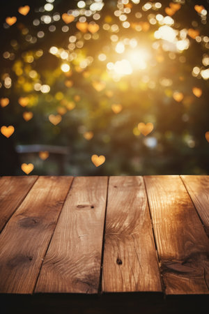 Wooden table in front of defocused heart bokeh backgroundの素材