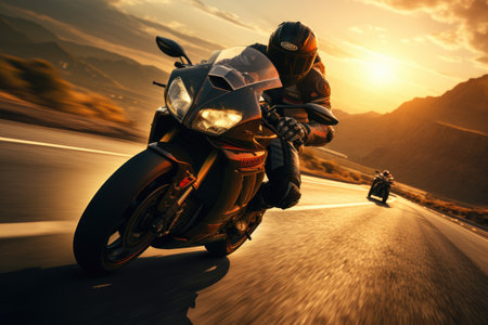 Motorcycle rider riding on the road. Extreme sport and travel concept.の素材