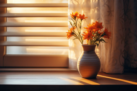 Orange flowers in vase on window sill. Sunlight and shadowsの素材