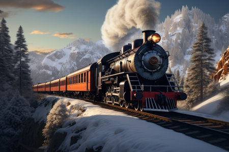 Vintage steam locomotive in the snowy mountains.の素材