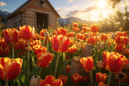 Tulips blooming in front of a wooden house at sunsetの素材